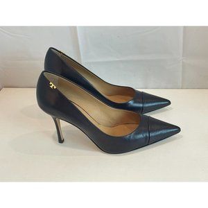 Tory Burch Penelope 85mm Pumps Cap Toe Heels Leather Pointy Shoes Black Size 8.5
